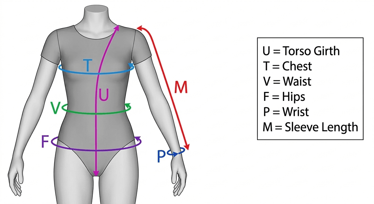 Diagram wymiarow trykotu pokazujacy wszystkie punkty pomiaru